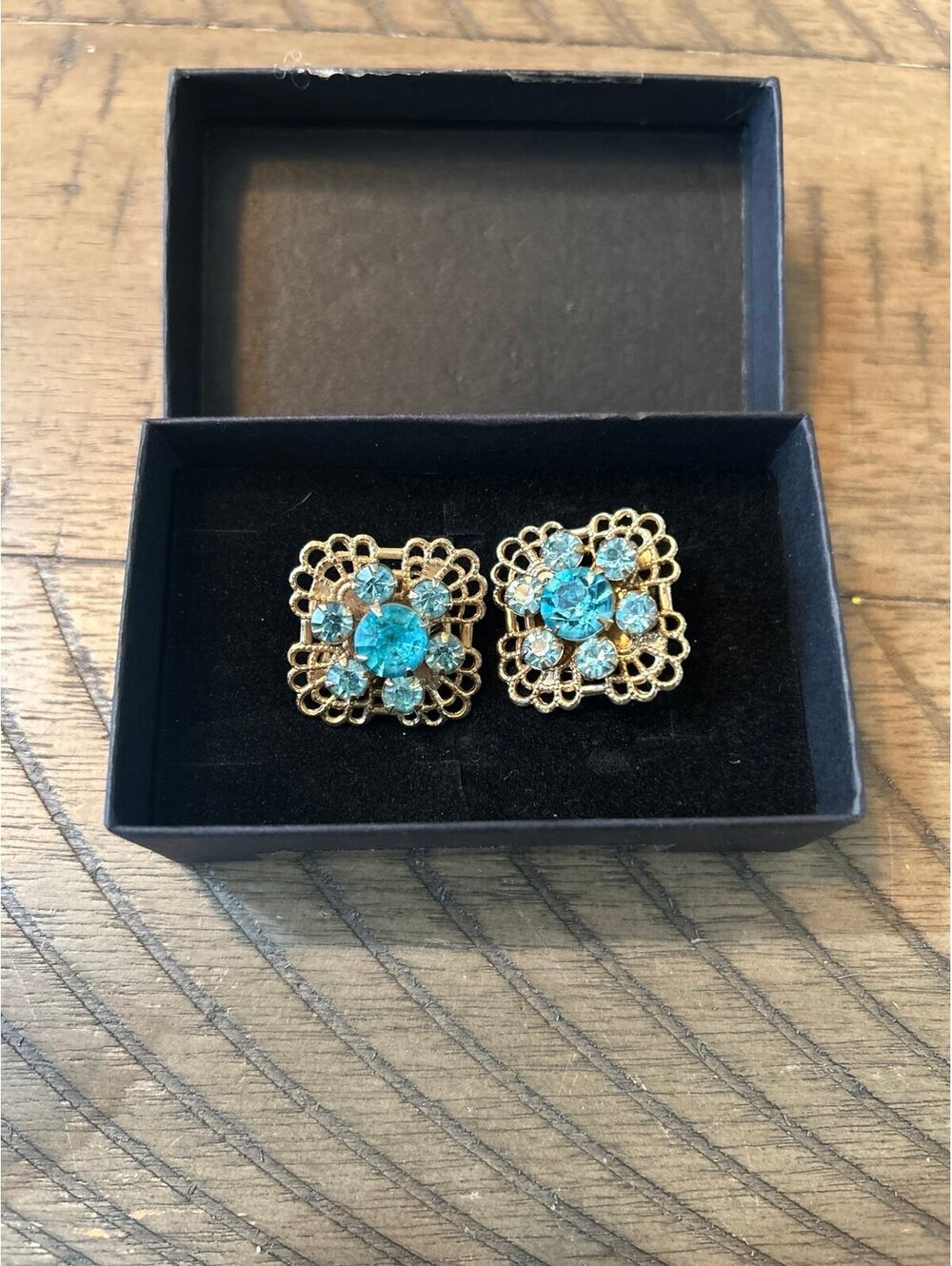 Vintage Blue Rhinestone Clip-On Earrings Gold Tone Filigree Costume Jewelry